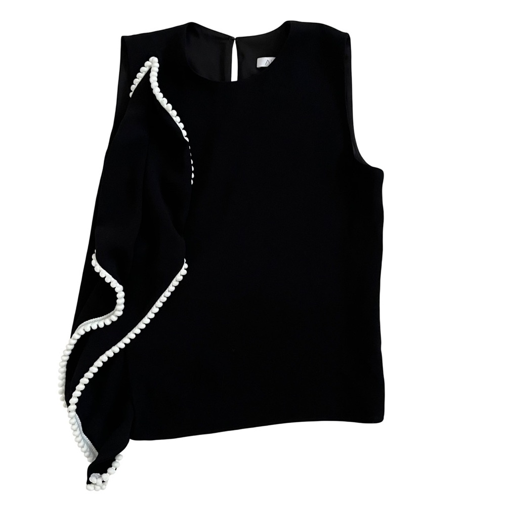 Alexis Black Sleeveless Blouse with White Pom Pom Ruffle Embellishment Small - Picture 2 of 5